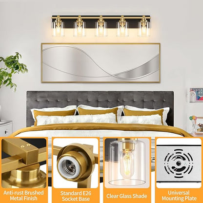 5 Light Modern Bathroom Light Fixtures Over Mirror, Black Gold Vanity Lights for Bathroom Wall Sconces with Clear Glass Shades, E26 Socket (Bulbs Not Included)
