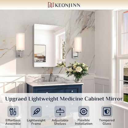 Keonjinn Medicine Cabinet Mirror for Bathroom 20 x 26 Inch, Tempered Glass | Assembly Needed, Stepless Adjustable Shelves, Surface Mount or Recessed, Lightweight Aluminum, Soft Close DTC Hinges, Sliver
