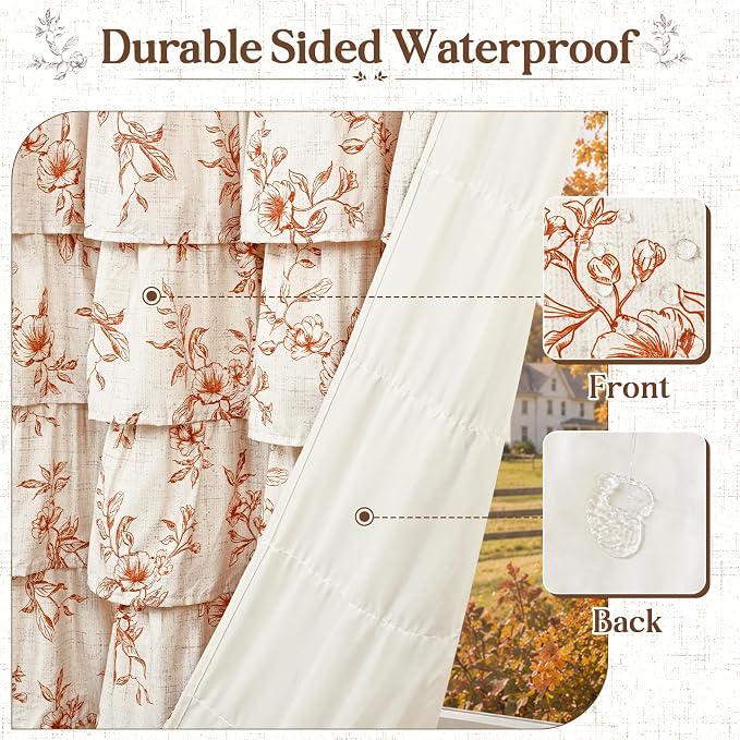 Fall Extra Long Ruffle Shower Curtains for Bathroom with Floral, 72"Wx84"L | Orange Floral Print, Ruflle Design, 12 Metal Hooks, Vintage Rustic Washable Waterproof Shower Curtain for Bathroom Bathtub
