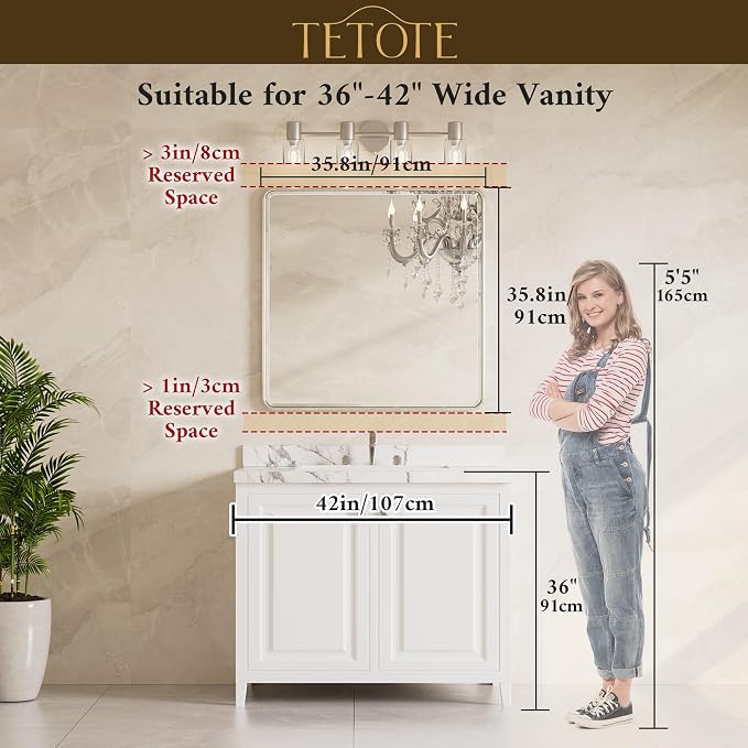Black Vanity Mirror for Bathroom 36 x 36 Beveled Edge Tempered Glass, Rounded Corner Rectangle Wall Mirror for Modern Bathroom, Living Room, Bedroom, Entryway