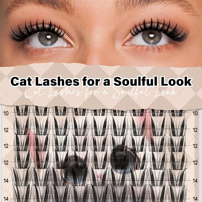 JMS&JMS Cat Lash Clusters Bunny Style Anime Eyelashes Spikes Lash Clusters | C Curl 8-18mix Invisible Band Lash Clusters Cat Wispy Natural Lashes Clusters for DIY at Home