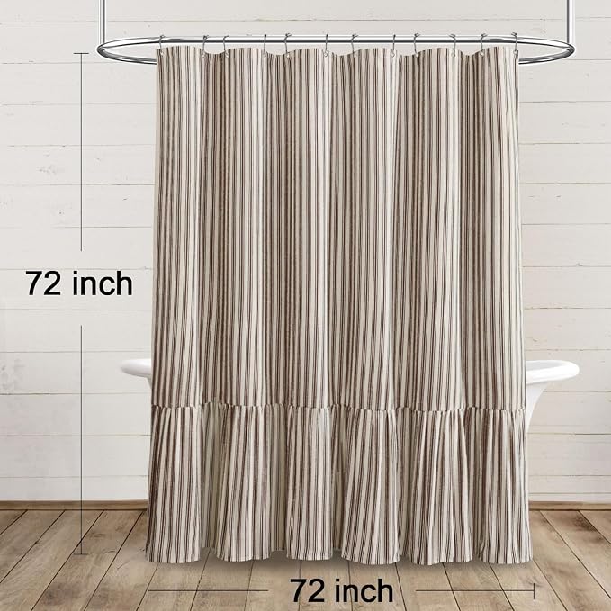 Farmhouse Shower Curtain Ruffle Linen Cream-Brown Stripe 72"W x 72"L | Farmhouse Boho, Striped, Bottom Ruffle, Linen Fabric, Rustic, Country, Natural Look, Washable, for Bathroom Bathtub