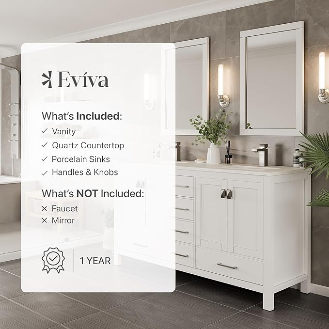 Eviva London 60 Inch Double Vanity Sink - White Double Vanity Sinks for Bathrooms, Bathroom Vanity 60 Inch Double Sink W Carrara Quartz Top & Porcelain Sinks, Bathroom Vanities W/Soft-Closing Drawers