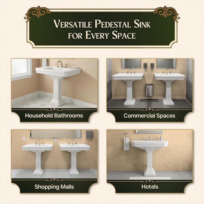 Renovators Supply Manufacturing Victorian 32" W x 34.5" H x 22" Proj. Large White Bathroom Pedestal Sink, Vitreous China, with Overflow, Compatible with 8 in. Widespread Faucets