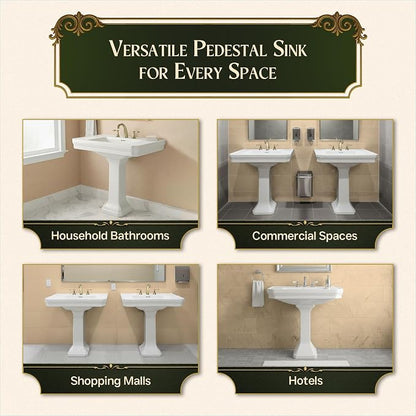 Renovators Supply Manufacturing Victorian 32" W x 34.5" H x 22" Proj. Large White Bathroom Pedestal Sink, Vitreous China, with Overflow, Compatible with 8 in. Widespread Faucets