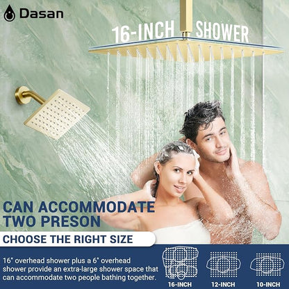 Dasan Thermostatic Dual Shower Head System with 6 Body Jets, 6-Inch Shower Head & 16” Rainfall Shower, Luxury Brushed Gold Shower Faucet Set Tandem Rain Shower Head System for Couples/ 2-Person