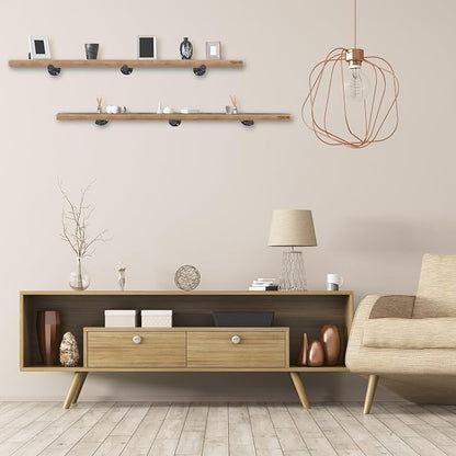 TEN49 Real Wood Rustic Floating Shelves Wall - 48 Wide Small Wooden Industrial Pipe Shelving - Farmhouse Pipe Wall Shelves Furniture Bathroom Decor Art Shelf Kitchen - Dark Espresso Color - Set of 2