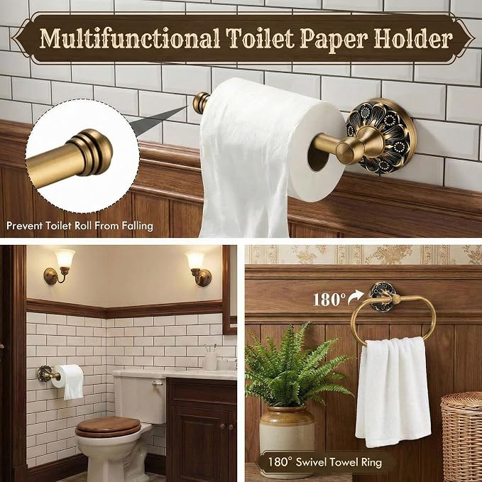 Cinnvoice 6 Pcs Antique Brass Bathroom Accessories Set 24 Vintage Bronze Towel Rack, Toilet Paper Holder, Hand Wash Cloth Holder and Rotatable Towel Ring Wall Mounted Antique Gold Hardware Supply