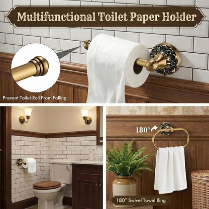 Cinnvoice 6 Pcs Antique Brass Bathroom Accessories Set 24 Vintage Bronze Towel Rack, Toilet Paper Holder, Hand Wash Cloth Holder and Rotatable Towel Ring Wall Mounted Antique Gold Hardware Supply