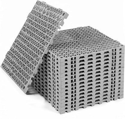 RITOLLO Modular Interlocking Cushion Drainage Floor Tiles, 16-Pack 11.8"x11.8" PVC Raised Non-Slip Interlocking Mats with Drain Holes for Deck, Pool, Garage, Shower, Patio, Bathroom, Sauna, Yard -Gray