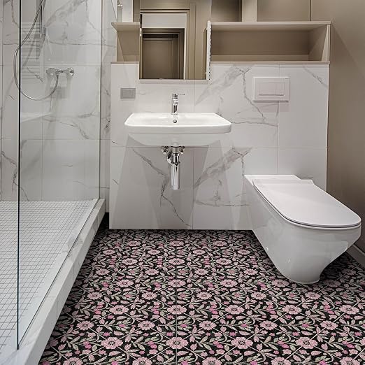 Black Pink Floral Peel and Stick Floor Tiles 12x12 Inch 10PCS | Pink floral vine pattern on a black background vinyl floor stickers for kitchen bathroom entryway and indoor home decor