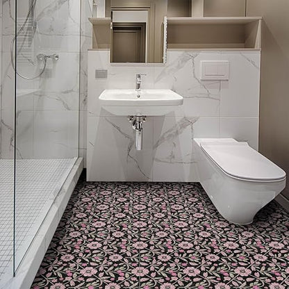 Black Pink Floral Peel and Stick Floor Tiles 12x12 Inch 10PCS | Pink floral vine pattern on a black background vinyl floor stickers for kitchen bathroom entryway and indoor home decor