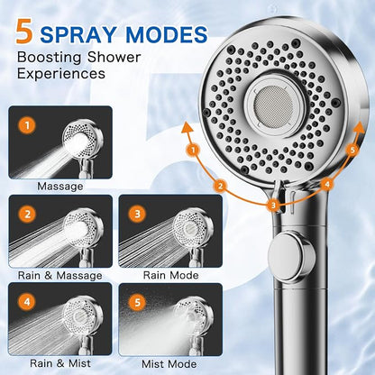 Shower Head with Handheld with 5 Spray Modes and Detachable Power Wash, High Pressure Shower Head with ON/OFF Switch for Pets, Clean Tub, Shower Heads with Stainless Steel Hose