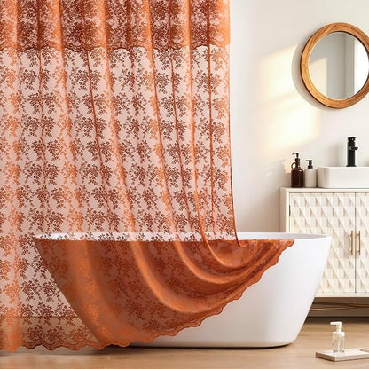 Orange Shower Curtain 72x84, Terracotta Lace with Attached Valance | Scallop Edge, Sheer Bath Curtain, Floral Lace Design, Semi-Sheer Privacy, Vintage Rustic Farmhouse Fall Bathroom Decor