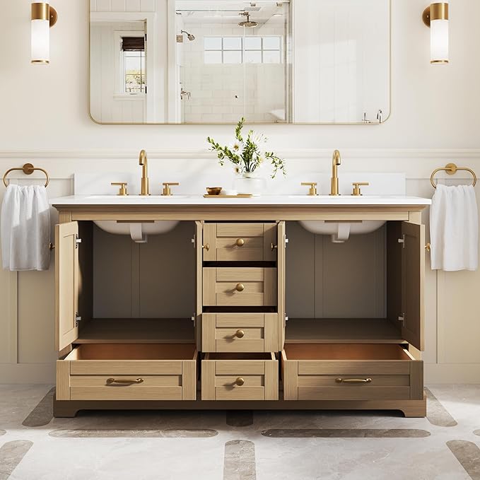 WELLFOR 60" Bathroom Vanity with Double Sinks, Bathroom Freestanding Vanity W/4 Soft-Close Doors and 6 Drawers, Large Storage Space Vanity, Bathroom Vanity with Cultured Marble Countertop (Oak)