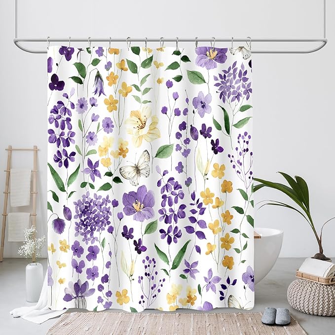 Long Shower Curtain 72 x 78 Inch, Tall Purple Yellow Floral Shower Curtains for Bathroom, Watercolor Flower Butterfly Fabric Shower Curtain Set with Hooks