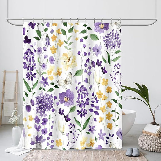 Purple Yellow Floral Shower Curtain, Cute Flower Fabric Shower Curtains for Bathroom, Watercolor Wildflower Butterfly Cloth Shower Curtain Set with Hooks, 72x72