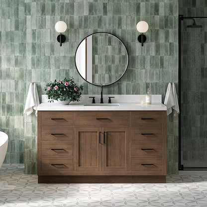 ARIEL Hepburn 60-inch Bathroom Vanity with Sink,Solid Wood, 1.5-inch Carrara White Quartz Countertop, Single Rectangular Porcelain Sink, 2 Soft Closing Doors, 9 Dovetail Drawers, Brown Oak