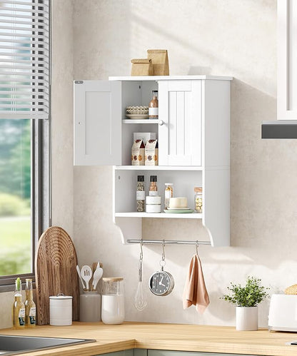Small Bathroom Wall Cabinet with Towel Bar and Adjustable Shelf, Modern Medicine Cabinet with 2 Lined Doors, Wooden Over the Toilet Storage Cabinet for Kitchen, Living Room, Entryway, White