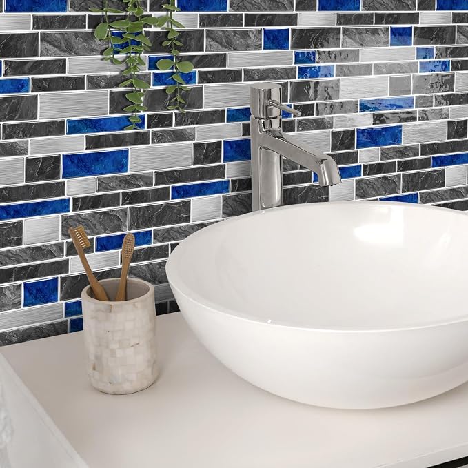 Alwayspon 10 Sheets 12" x12inch Blue Marble Effect Vinyl Tiles, Backsplash, Self-Adhesive Peel and Stick Wall Tile Stickers, Stick on Subway Tiles for Kitchen Bathroom Wall Decor