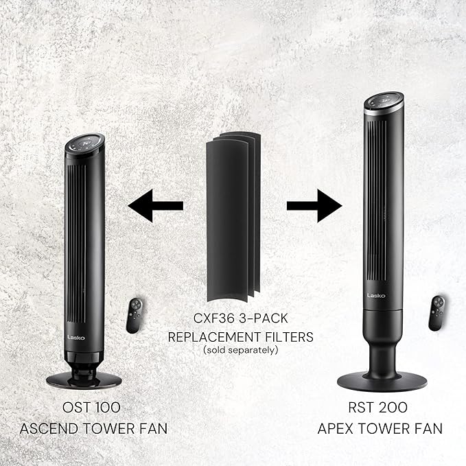 Lasko Apex Tower Fans Oscillating Quiet 42" - 29 ft/s Airflow, 28 dB, 90° Oscillation, 12H Timer, Air Filter for Hair & Dust, Remote, Black, Floor Fans for Home Bedroom, RST200