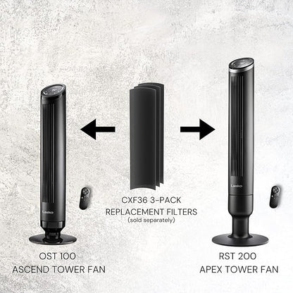 Lasko Apex Tower Fans Oscillating Quiet 42" - 29 ft/s Airflow, 28 dB, 90° Oscillation, 12H Timer, Air Filter for Hair & Dust, Remote, Black, Floor Fans for Home Bedroom, RST200