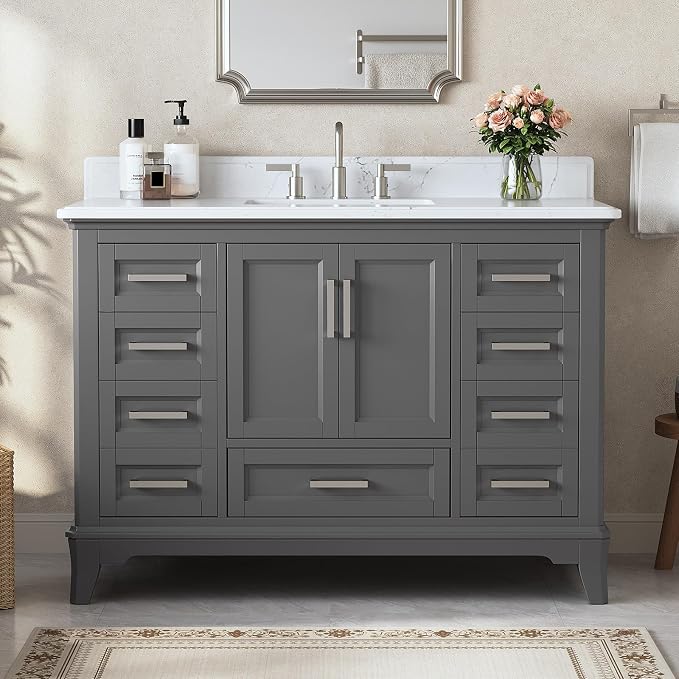 48 Inch Fully Assembled Bathroom Vanity with Sink, Grey | Solid Wood, Quartz Top & Backsplash, Soft-Close Doors, Dovetail Drawers, Large Storage, Modern Farmhouse Bath Upgrade