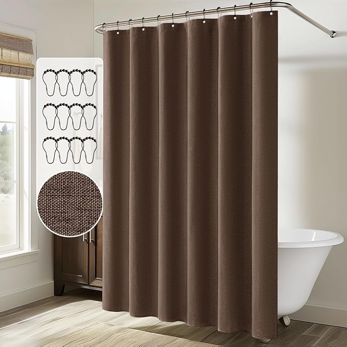 MIULEE 72 x 84 Extra Long Linen Shower Curtain Brown 12 Metal Hooks | Washable, Heavy Fabric Shower Curtain Set, Waterproof Thick Cloth Shower Curtain, Bathroom Hotel Bathtub