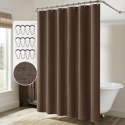 MIULEE 72 x 84 Extra Long Linen Shower Curtain Brown 12 Metal Hooks | Washable, Heavy Fabric Shower Curtain Set, Waterproof Thick Cloth Shower Curtain, Bathroom Hotel Bathtub