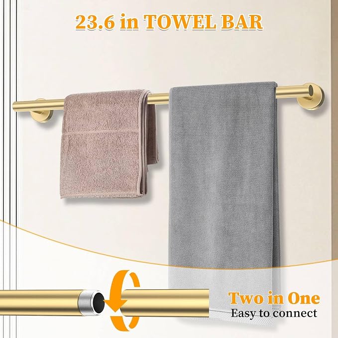 Brushed Gold Bathroom Hardware Set 6-Pieces Towel Bar Set Stainless Steel Bathroom Accessory Set 23.6 Inch Wall Mounted Towel Rack
