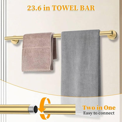 Brushed Gold Bathroom Hardware Set 6-Pieces Towel Bar Set Stainless Steel Bathroom Accessory Set 23.6 Inch Wall Mounted Towel Rack