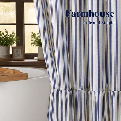 Farmhouse Shower Curtain Ruffle Linen Cream-Blue Stripe 72"W x 84"L | Farmhouse Boho, Striped, Bottom Ruffle, Linen Fabric, Rustic, Country, Natural Look, Washable, for Bathroom Bathtub
