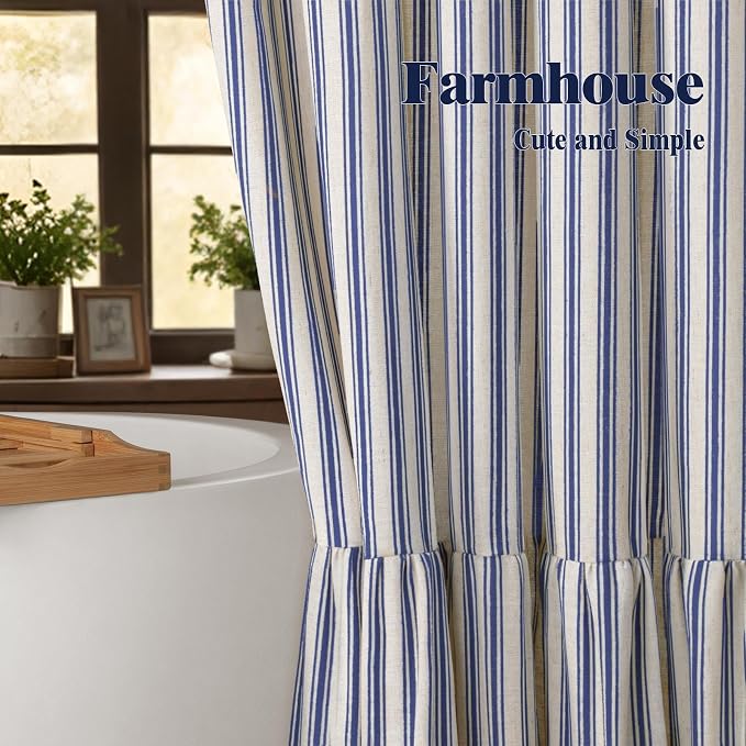 Farmhouse Shower Curtain Ruffle Linen Cream-Blue Stripe 72"W x 72"L | Farmhouse Boho, Striped, Bottom Ruffle, Linen Fabric, Rustic, Country, Natural Look, Washable, for Bathroom Bathtub