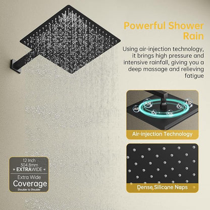 12 Inch Rainfall Shower System Rain Shower Head Combo Shower Faucet Fixture | Shower Head and Handle Set Wall Mounted Shower Mixer Kit Valve Black