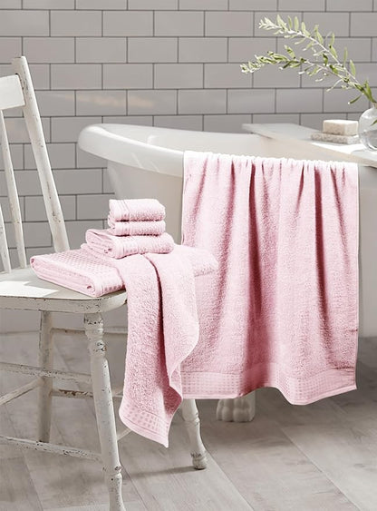 GLAMBURG 100% Cotton Ultra Soft 6 Pack Towel Set, Contains 2 Bath Towels 28x55 Inches, 2 Hand Towels 16x24 Inches & 2 Wash Coths 12x12 Inches, Compact Absorbent Lightweight & Quickdry - Pink