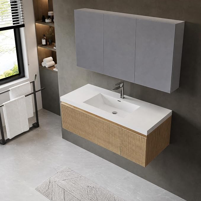 Floating Bathroom Vanity, 48" Wall Mounted Bathroom Cabinet with Glossy White Stone Resin Sink, U-Shaped Soft-Close Drawer & Door, Pre-Assembled Striped Bathroom Storage Vanity, Natural Wood