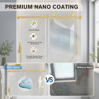 55-60" W x 60" H Bathtub Shower Door Frameless Brushed Gold | 1/4''(6mm) SGCC Tempered Glass,Explosion Proof Film,Nano Coating,Customizable width,Reversible installation,Easy to Clean
