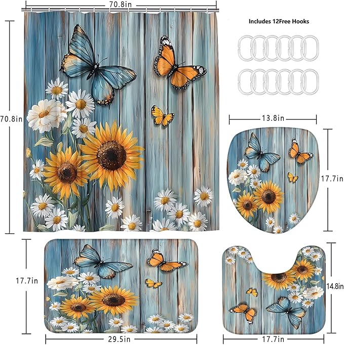AZHM Rustic Flower Shower Curtain Set Sunflower and Daisy Floral Bathroom Set with Butterfly Accents with Shower Curtain and Bath Mat and 12 Hooks