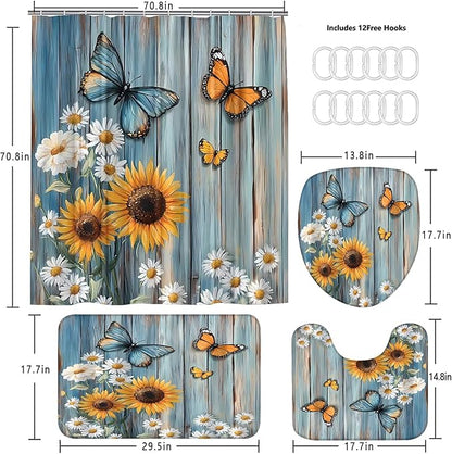 AZHM Rustic Flower Shower Curtain Set Sunflower and Daisy Floral Bathroom Set with Butterfly Accents with Shower Curtain and Bath Mat and 12 Hooks