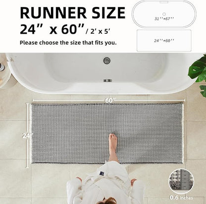 TYUU Waffle Runner Rug Bathroom, Long Boho Bath Mat, 60x24 Grey & White | Super Absorbent Quick Dry Bath Rug, Non-Slip Backing, Soft Waffle Washable Farmhouse Bathroom Mats, Tub, Shower & Home Decor