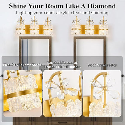 Bathroom Lights Over Mirror - Makeup Lighting Gold - Bathroom Vanity Light with Acrylic Shades for Bath, Makeup Desk, Farmhouse, Hallway, 3-Light