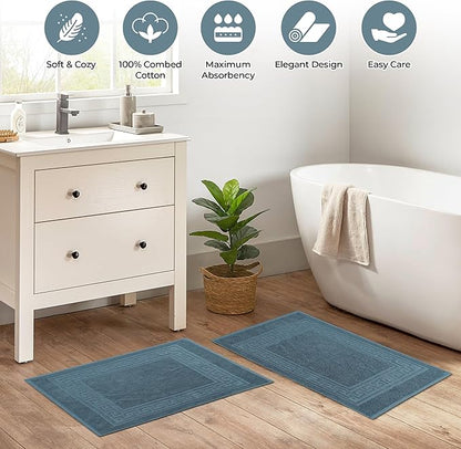 Superior Heavyweight Cotton Bath Mats, 2-Piece Rugs For Bathroom Accessories, Washable Rug For Shower, Toilet, Modern Decor, No Backing, Luxury Hotel And Spa Quality, Set of 2, 22" x 35", Sapphire