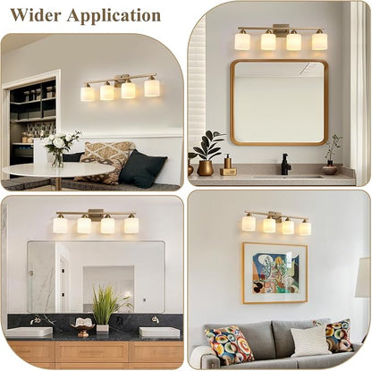 Mecgirn Milk Glass Vanity Lights for Bathroom, 4 Light Brass Bathroom Light Fixtures Over Mirror, Ceramic E26 Sockets Wall Mounted