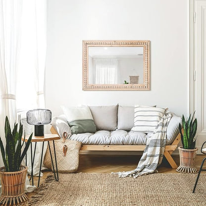 H HOMEWINS Rustic Rectangle Mirror,22x30 Wooden Farmhouse Mirrors,Boho Bathroom Wall-Mounted Nature Beads Decor Mirror for Bedroom, Living Room,Vanity,Entryway,Over Sink