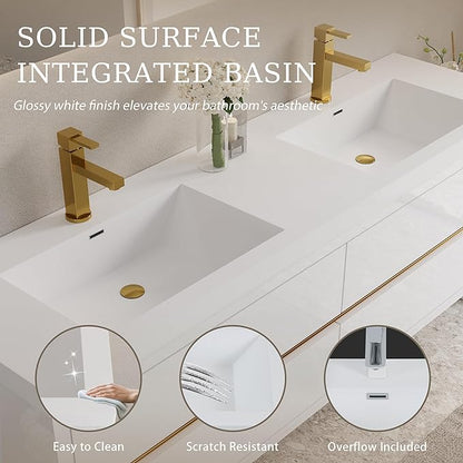 Abruzzo 72" Glossy White Wall-Mounted Bathroom Vanity with Double Sink – Stone Resin Countertop & Soft-Close Drawers, Waterproof Wood Cabinet for Bathrooms