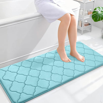 OLANLY Memory Foam Bath Mat Rug 47x20, Ultra Soft and Absorbent Bathroom Rugs, Non-Slip, Comfortable, Machine Washable Bath Carpet for Bathroom Floor, Tub, Shower and Home Decor Accessories, Sky Blue