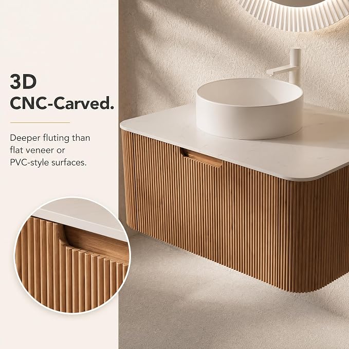 36 Inch Bathroom Vanity with Sink, Floating Wall Mounted Single Sink Vanity, Natural Woodgrain Curved Fluted Front, Stone Top, Pure White Round Vessel Basin, Pre-Assembled