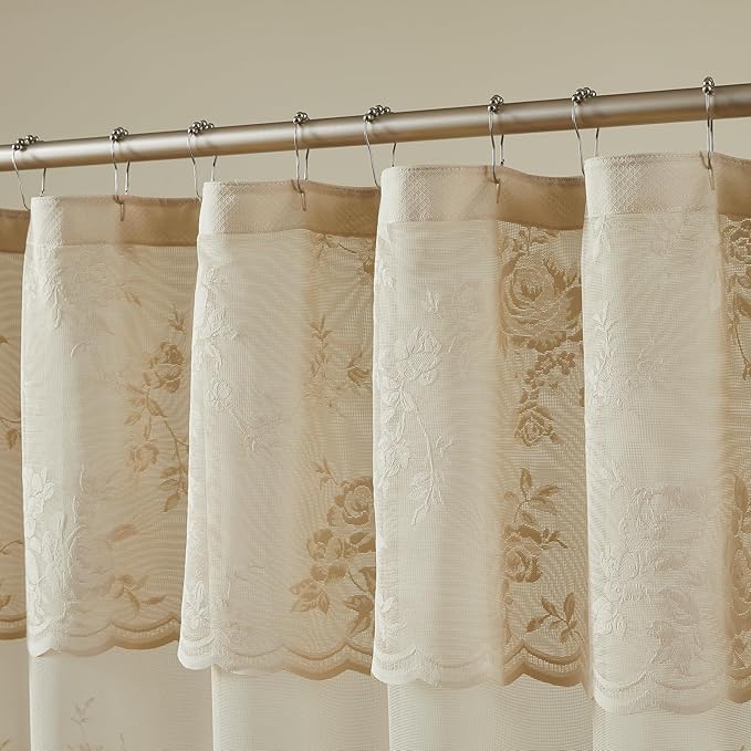 Beige Lace Shower Curtain with Attached Valance Decorative Vintage Floral Shower Curtain for Bathroom Spa Boho Cottagecore Decor Scalloped Edge Shabby Chic Bath Curtains Spa-like Hotel, 72 x 72 Inch