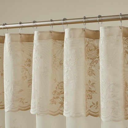 Beige Lace Shower Curtain with Attached Valance Decorative Vintage Floral Shower Curtain for Bathroom Spa Boho Cottagecore Decor Scalloped Edge Shabby Chic Bath Curtains Spa-like Hotel, 72 x 72 Inch