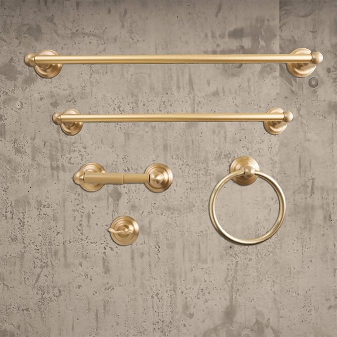 SENTO ROBIKI Gold Bathroom Accessories Set, Bath Hardware, Includes Robe Hook, Toilet Paper Holder, Towel Ring, 18” & 24” Towel Bar, Duty Metal Bath Hardware Set Wall Mounted (5-Piece, Satin Brass)